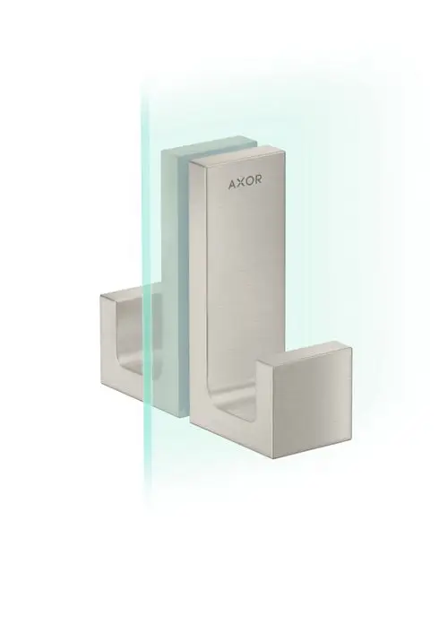 Edelstahl Duschtürgriff von AXOR mit rechteckiger Form. Der Griff besteht aus einer klaren, minimalistischen Struktur und ist zum Montieren an Duschtüren geeignet.
